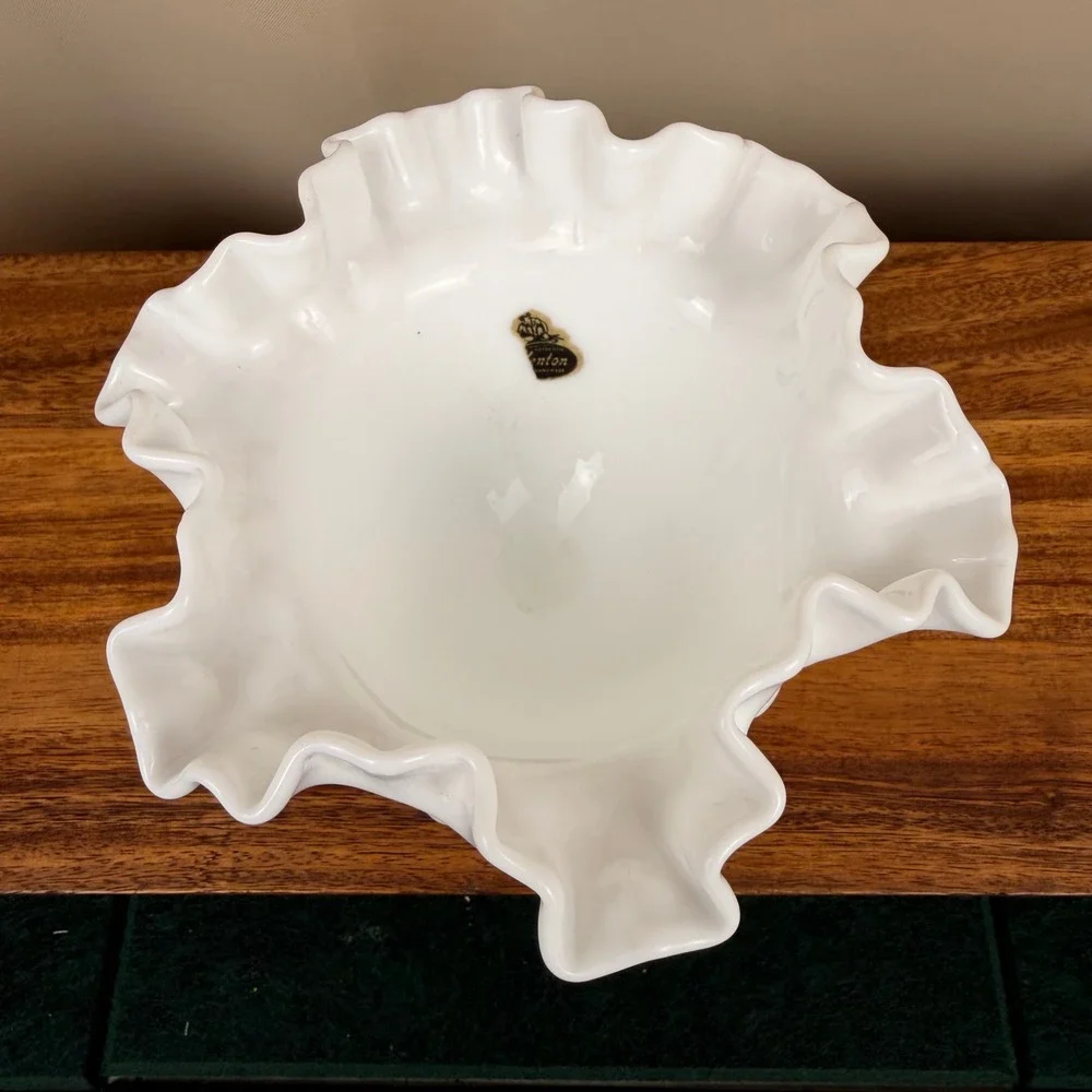 Fenton Milk Glass Hobnail Compote Bowl Ruffled Edge Pedestal Candy Dish  6in